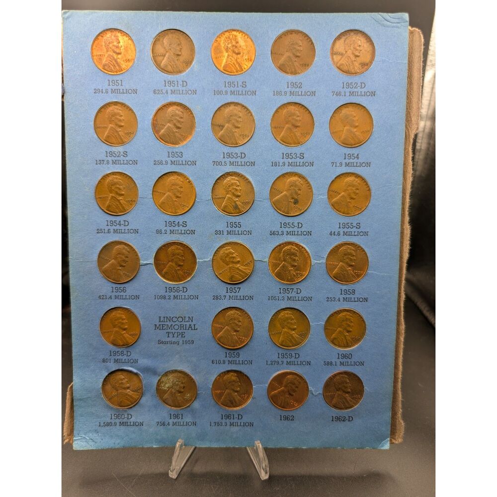 1951-62 D Lincoln Wheat Memorial Cent Board Whitman Folder 29 Coins Single Page